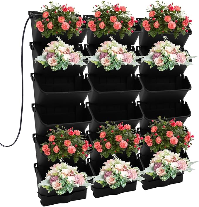 18 Pots Self-Watering Wall-Mounted Planter, 39.4”L x 39.4”H Vertical Wall Planter Self Watering Stackable Planters Vertical Garden Wall Garden Planter Outdoor Indoor for Herbs Flowers Strawberries