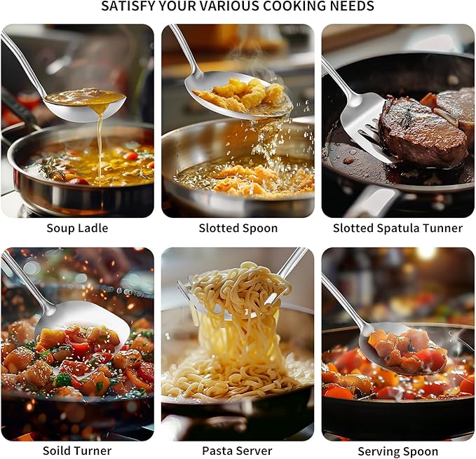 304 Stainless Steel Cooking Utensil,Kitchen Kitchen Utensil with Spatula, Solid Spoon, Ladle, Skimmer, Spaghetti Spoon, 6 Piece Set, Dishwasher Safe