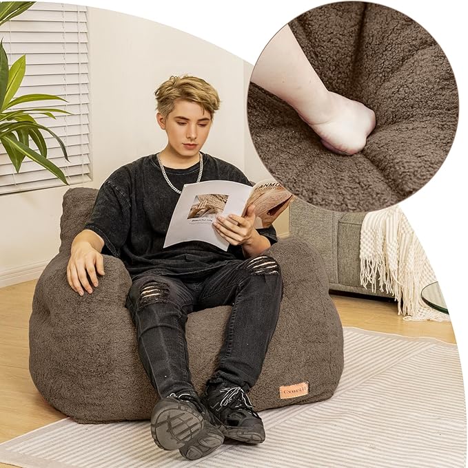 Bean Bag Chair with Filler, Bean Bag Sofa with Tufted Soft Stuffed Filling, Fluffy and Lazy Sofa, Comfy Cozy BeanBag Chairs with Memory Foam for Dorm, Apartment, Living Room (Brown)