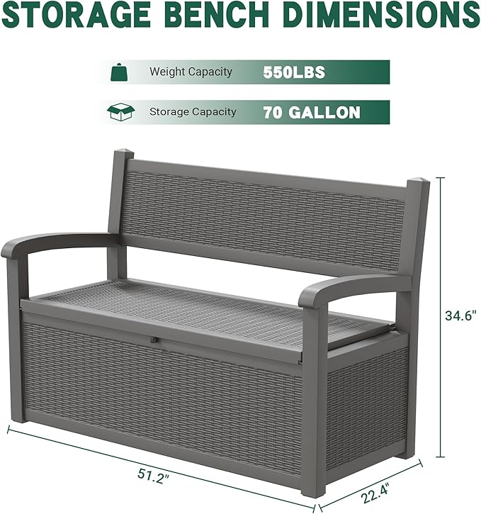70 Gallon Outdoor Storage Box, Resin Patio Furniture with Armrest, Lockable Deck Box with Waterproof and UV Resistant for Patio Cushions, Garden Tools and Pool Supplies, Grey