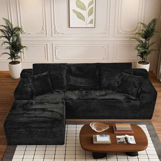 Modular Sectional Sofa Cloud Sectional Couch, 107" Comfy Fluffy L Shaped Light Black Couches for Living Room, Deep Seat Memory Foam Corduroy Boneless Couch Sectionals with Right Facing Chaise Sofa