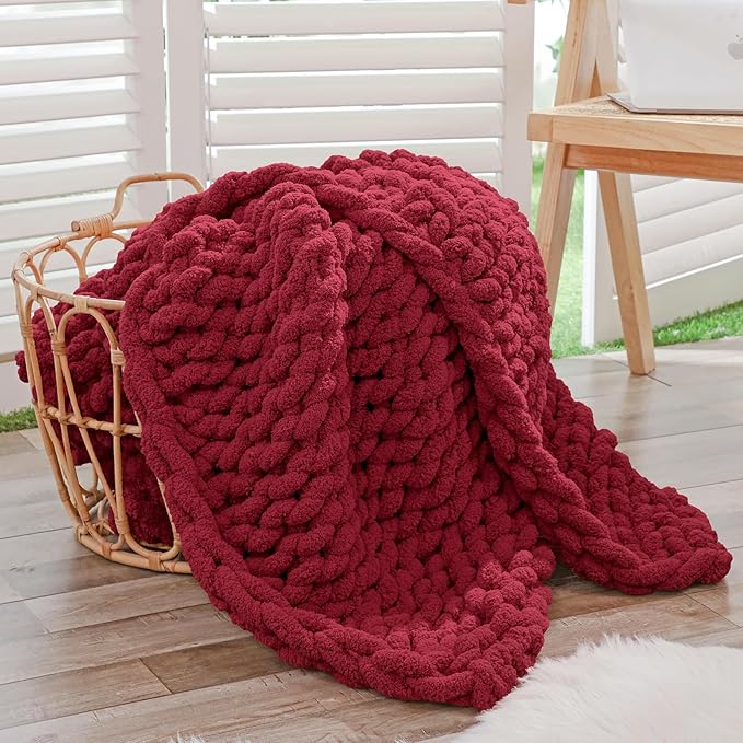 Bigacogo Chunky Knit Throw Blanket for Couch, 40x40 inches, 100% Hand Knitted with Thick Jumbo Chenille Yarn, Cozy Soft Large Rope Knot Cable Crochet Blankets for Sofa Bed Living Room, Red