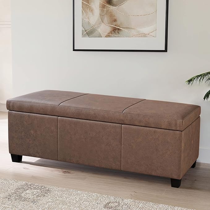 BELLEZE 47 Inch Storage Ottoman, Faux Leather Storage Bench Bedroom Bench with Safety Close Hinge, Ottoman with Storage for Living Room, Entryway, Hallway, Foot Rest, Support 300lbs - Rustic Brown