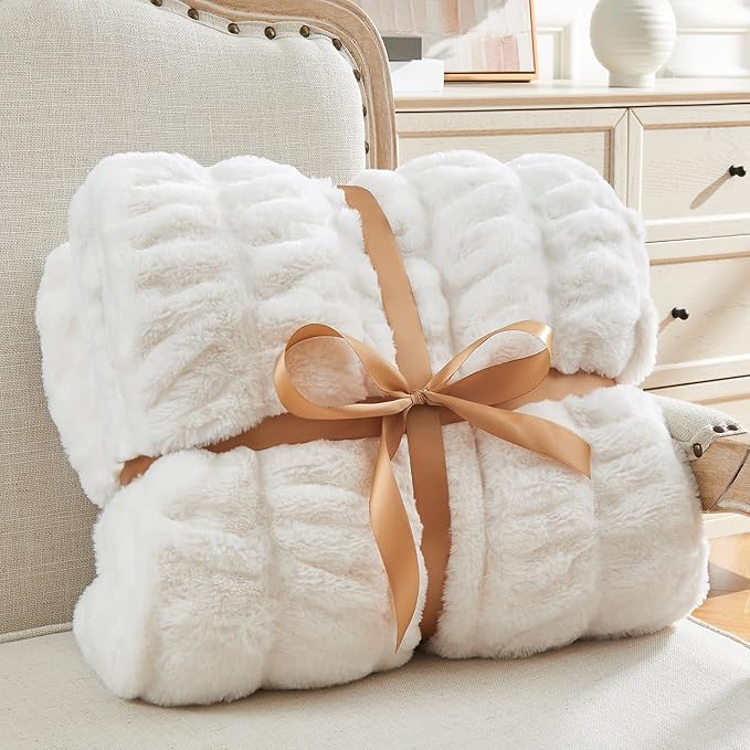 BEDELITE Faux Fur Throw Blanket for Couch, Soft and Cozy Boho Ruched Fluffy Blanket, Warm Plush Fuzzy Faux Rabbit Fur Blanket for Women Gift (Cream, 50"x 60")
