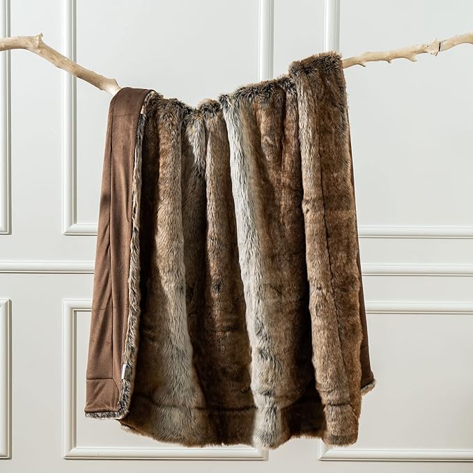 BATTILO HOME Luxury Brown Faux Fur Blanket Thick Warm Elegant Cozy Fuzzy Throw for Couch, Bed, Sofa Fluffy Blankets Decorative Reversible to Plush Velvet, 50"x60"