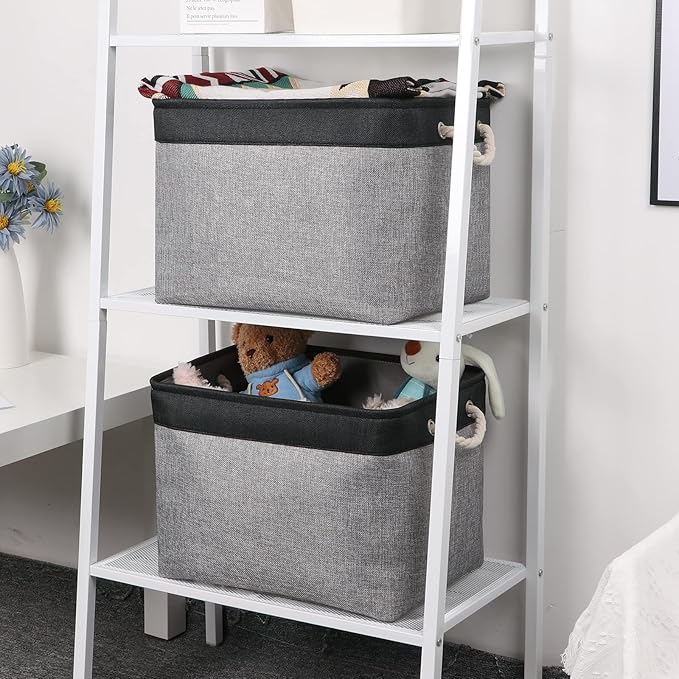 Bidtakay Fabric Storage Baskets with Handles [2-Pack] Large Canvas Organizer 16" X 11.8" X 11.8" Foldable Tall Baskets Rectangular Gift Basket Decorative Storage Bins for Closet, Home(Black&Grey)