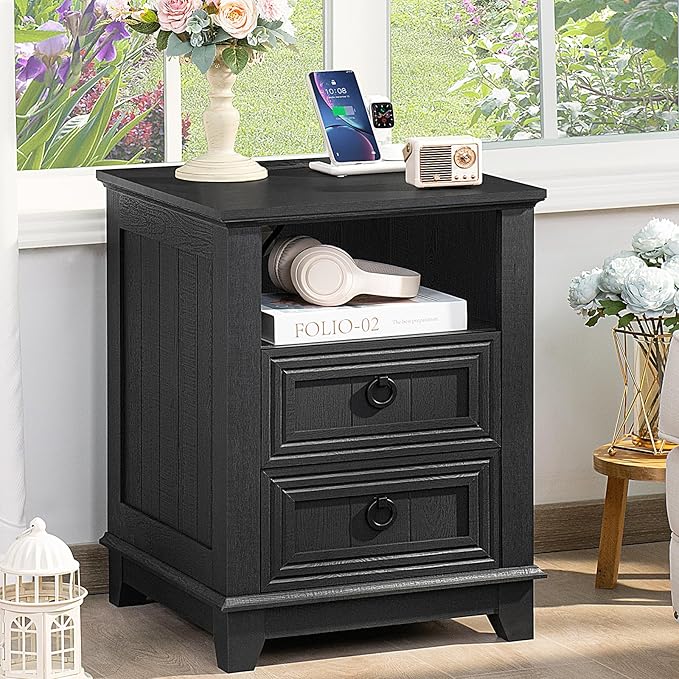 18" Farmhouse Night Stand with Charging Station, 2 Drawers End Table Dresser for Bedroom, Black Wooden Nightstand, Bed Side Table with Open Shelf, Bedside Cabinet for Living Room, Closet
