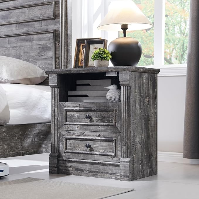 26" Tall Farmhouse Nightstand, 2 Drawers End Table w/Charging Station, 23.6" Wide Large Side Table w/Roman Column, Wood Rustic Sofa Table w/Open Shelf, Bedside Table for Bedroom, Light Gray