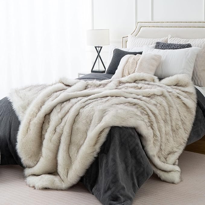 BATTILO HOME Luxury White Faux Fur Throw Blanket Long Pile with Black Tips, 51"x67", Super Warm Thick Faux Fur Blanket for Couch, Bed, Fuzzy Fluffy Elegant Cozy Blanket