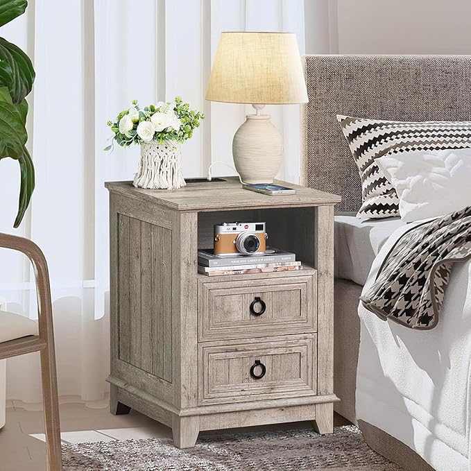 18" Farmhouse Night Stands Set of 2 with Charging Station, 2 & 3 Drawers End Table Dresser for Bedroom, Oak Wooden Nightstand, Bed Side Table with Open Shelf, Bedside Cabinet for Living Room