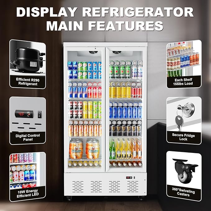 30.5 Cu.ft. Commercial Refrigerators 2 Glass Door Commercial Beverage Refrigerators Upright Display Cooler with Soft LED Light and 10 Adjustable Shelves for Restaurant Grocery Stores Home