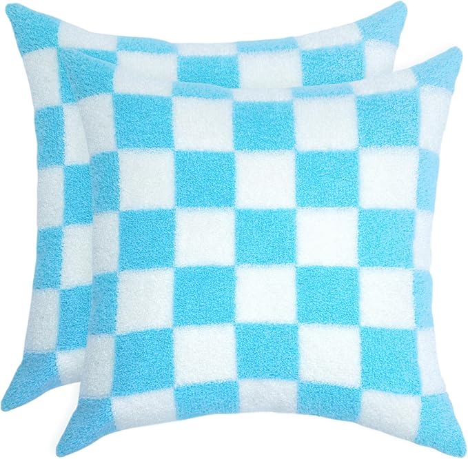 Alysheer Checkered Embroidered Decorative Throw Pillow Covers 18"x 18" Set of 2, Classic Accent Designer Blue White Plaid Patterned Cotton Cushion Cases for Sofa Couch Bed Living Room Outdoor Decor