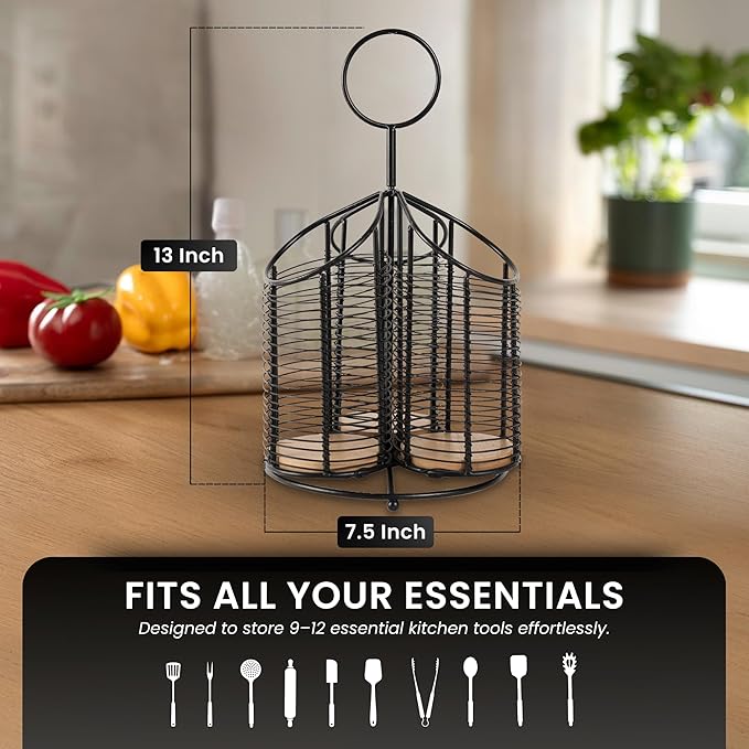 360° Rotating Kitchen Utensil Holder- 3 Compartment Organizer with Cork Bottoms | Includes Premium 9-Piece Acacia Wood Utensil Set | Professional & Home Luxury Design | Metal Utensil Crock (Black)