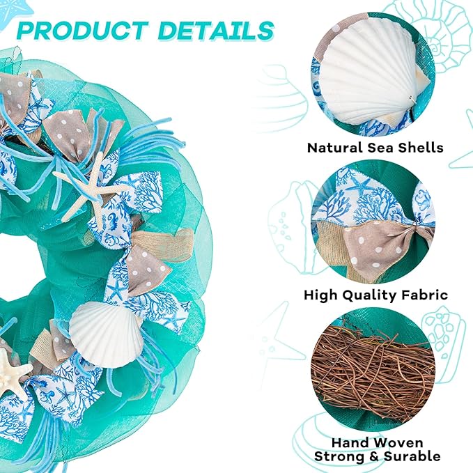 26 Inch Coastal Seashell Large Wreath with Natural Starfish & Scallops Shell, Lake Blue Beach Style Front Door Wreath with for Spring Summer, Farmhouse Rustic Indoor Outdoor Home Wall Wedding Decor