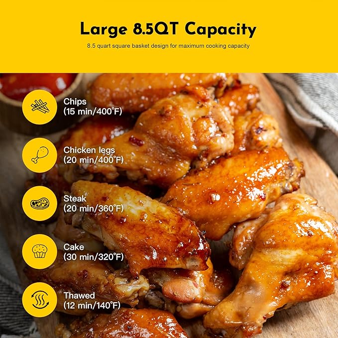 8.5QT Air Fryer, Upgraded Family Size Capacity, Visual Window, Square Basket Dials Stainless Steel Air Fryers, Reheat Leftovers, Easy Cooking for Healthier Breakfast & Dinner in Minutes