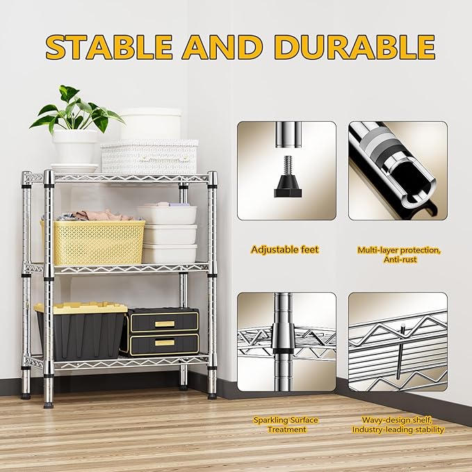 750 lbs 3 Tier Shelf Metal Storage Shelves Wire Rack Closet Organizers for Garage Kitchen Bathroom Laundry Chrome 11.8" D x 25.6" W x 31.5" H