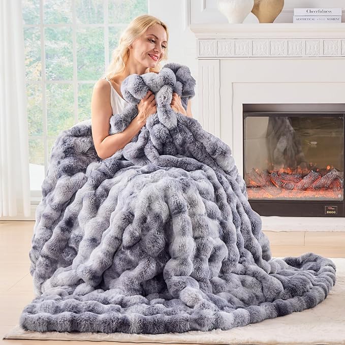 BENVWE Fluffy Faux Fur Throw Blanket for Couch - Soft, Plush, Thick, Cozy, Fuzzy Luxury Minky Bubble Blanket for Home Living Room Decor, Gifts for Women, Tie-dye Light Grey, 51" x 63", 1100GSM