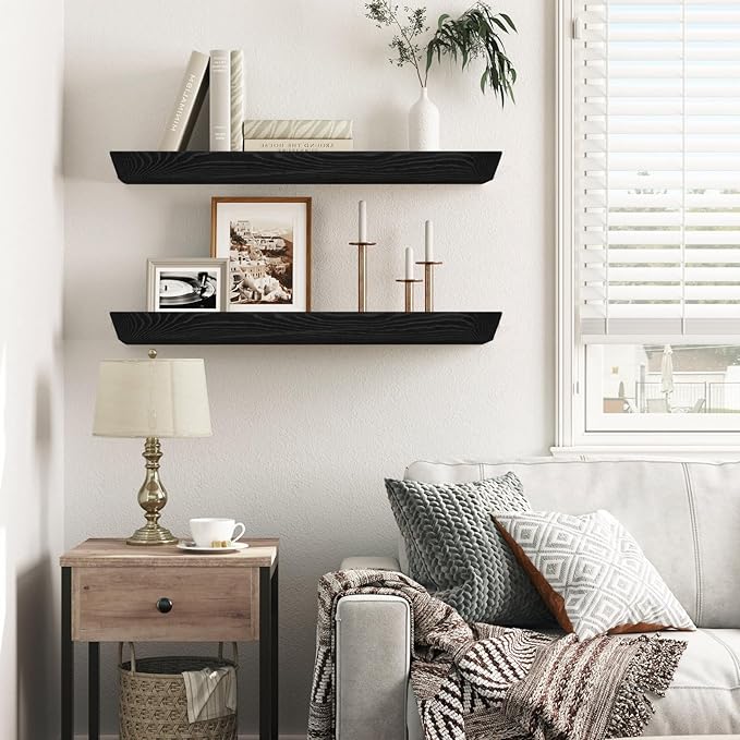 24"x6.8"x1.6" Slanted Floating Wall Shelves 2-Pack - Rustic Black Finish, Heavy-Duty Solid Wood Design with Hidden Brackets - Perfect for Living Room, Kitchen, Bathroom, or Office