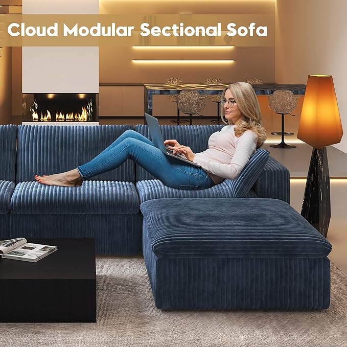 78.74" L Shaped Modern Sofa Modular Sectional Cloud Couch with Ottoman,Upholstered Couches with Plush Corduroy Fabric for Living Room Furniture,Bedroom and Apartment,No Assembly Required,Blue