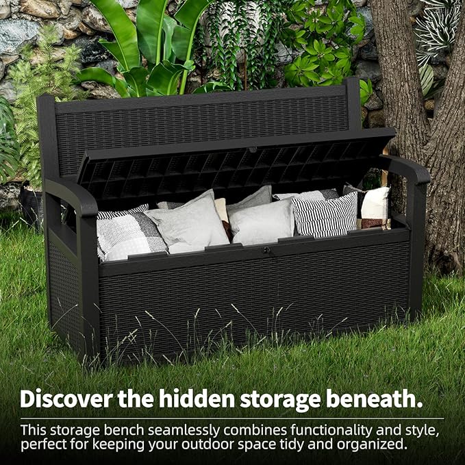 80 Gallon Storage Bench Waterproof and Lockable,Deck Box Outdoor Storage Furniture for Patio,Garden,and Porch – Perfect for Storing Garden Tools and Cushions(Black)