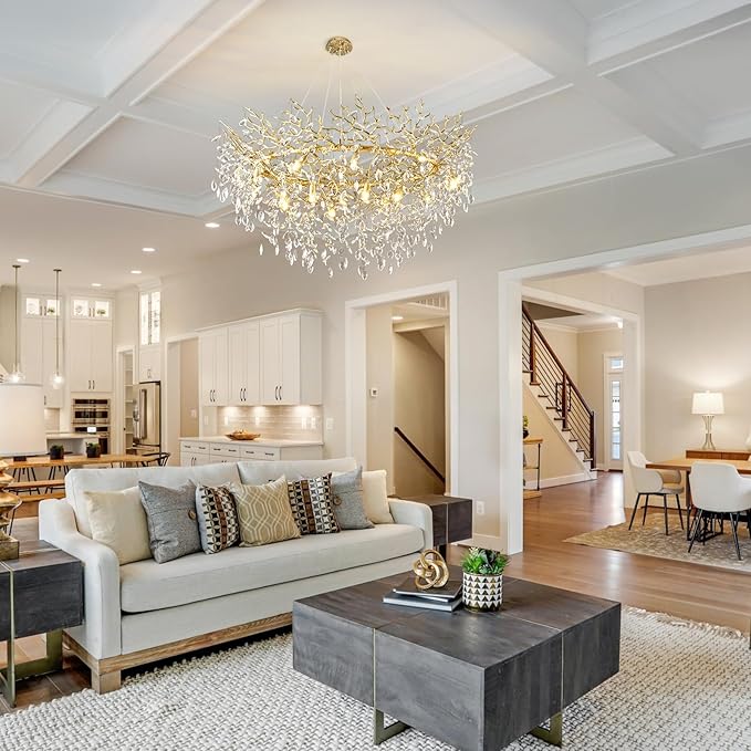 14-Light Modern Large Crystal Chandelier for Dining Room, 48" Round Gold Crystal Tree Branche Chandelier, Living Room Crystal Chandelier, Crystal Chandeliers for High Ceiling,Entryway,Foyer