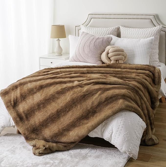 BATTILO HOME Luxury Camel Faux Fur Throw Blanket, Soft Cozy Warm Mink Fur Blanket for Bed, Home Decor, Large Striped Fur Blankets and Throws Faux, 60"x80"