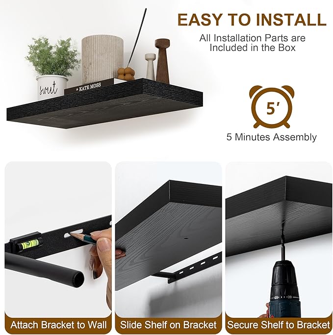 30 Inch Floating Shelves, Rustic Floating Wall Shelves 8 Inch Deep, 30 x 8 Floating Shelves for Home Decor, Deep Display & Storage Shelves for Kitchen, Bathroom, Living Room, Black Color, Set of 2