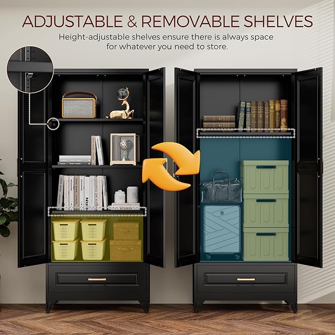 75" Kitchen Pantry Cabinet with Drawer, Metal Storage Cabinets with Doors and Adjustable Shelves, Black Tall Pantry Cabinet for Dinning Living Room, Home Office