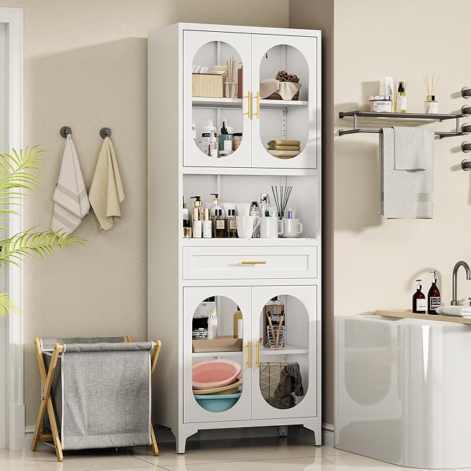 75” Tall Kitchen Pantry Storage Cabinet, Metal Storage Cabinet with 1 Drawer and Adjustable Shelves, Kitchen Pantry Cupboard, Freestanding Cupboard for Bathroom, Living Room (White-Glass Door)