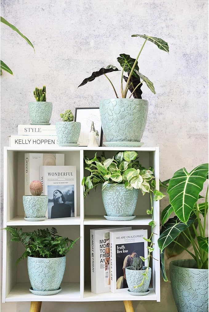 6 Inch Retro Ceramic Planter Set of 2 with Drainage Hole and Saucer for Plants, Indoor-Outdoor Garden Pots for Succulent, Orchid, and Flower (Fits Inner Pots Up to 5 Inches, Retro Green)