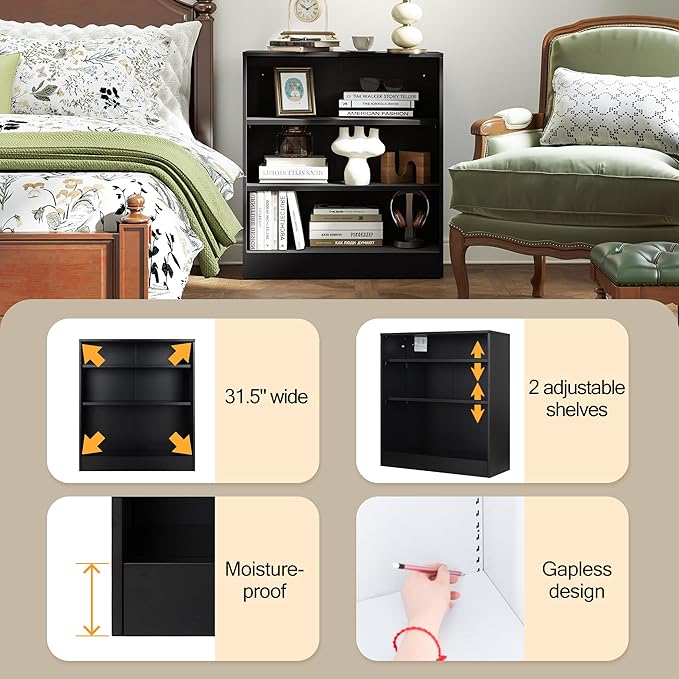 3-Tier Metal Open Shelf Bookcase, Bookcase with Adjustable Shelves, Floor Standing Book Shelf, Freestanding Display Storage Shelves, Curio Cabint Display Case for Small Places/Living Room/Corner