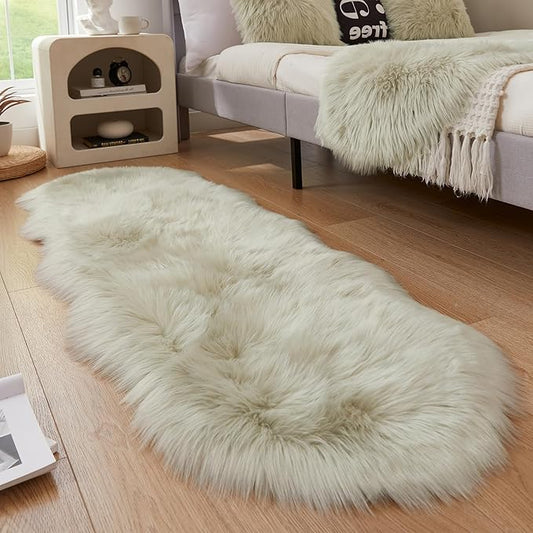 AMTOVO Faux Sheepskin Rug, Light Grey Ultra Soft Fluffy Shag Area Rug, 2 x 6 ft Faux Fur Rug for Bedroom Sofa Throw Cushion Room Decor, Sheepskin