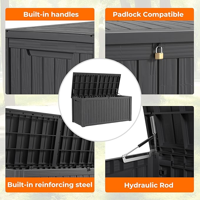 180 Gallon Deck Box Large Outdoor Storage for Patio Furniture,Outdoor Cushions,Garden Tools and Pool Supplies,Waterproof,Resin,Lockable(Black)
