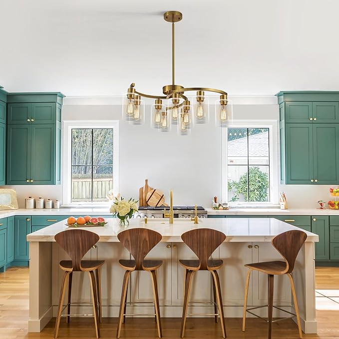 9-Light Gold Glass Chandelier, Adjustable Height Dining Room Light Fixtures Over Table, Contemporary Hanging Chandelier for Kitchen Island Living Room Foyer Office, Clear Glass Shade