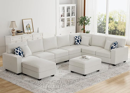 L Lengend Vansen Modular Sectional Sofa U Shaped Couch with Ottoman Modern Reversible Corner Sectional Couch for Living Room (Cream, U Shaped Sofa-5)