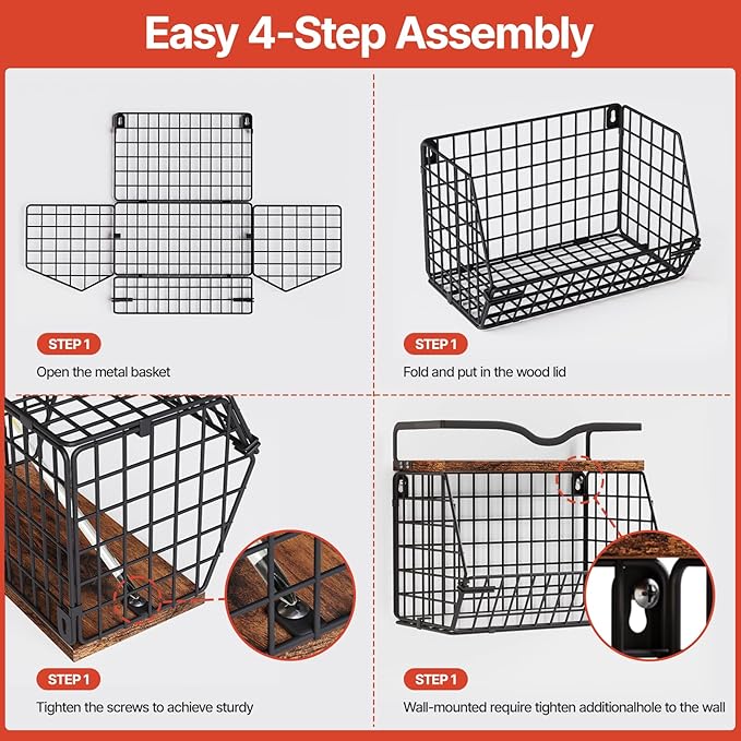 2 Pack Fruit Bowl Hanging Fruit Basket for Kitchen Counter ,Stackable Wire Baskets for Onion Storage and Potato Storage with Wood Lid,Vegetable Fruit Basket with Banana Hooks