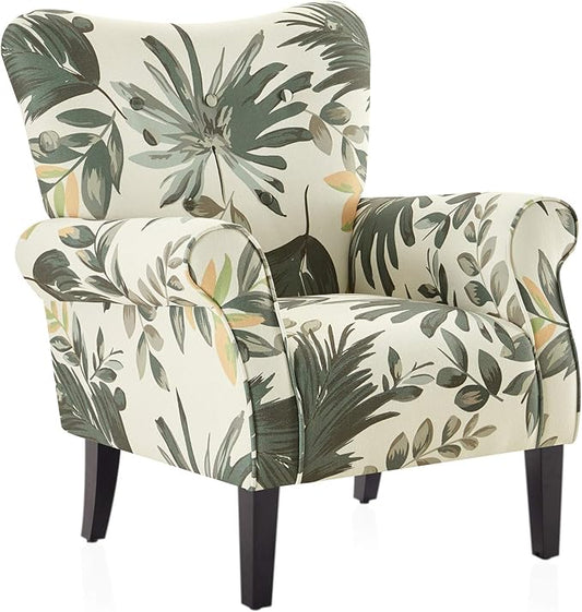 BELLEZE Modern Accent Chair for Living Room, High Back Floral Armchair with Wooden Legs, Upholstered Wingback Side Chair Padded Armrest Single Sofa for Living Room, Bedroom - Allston (Green Floral)