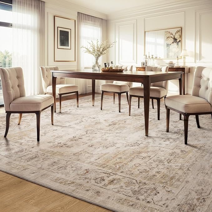 AMOAMI-Area Rug 9X12 Rugs for Living Room-Vintage Soft Beige Rugs for Bedroom-Non Slip Carpet-Washable Rug for Dining Room Living Room Bedroom Office Under Table