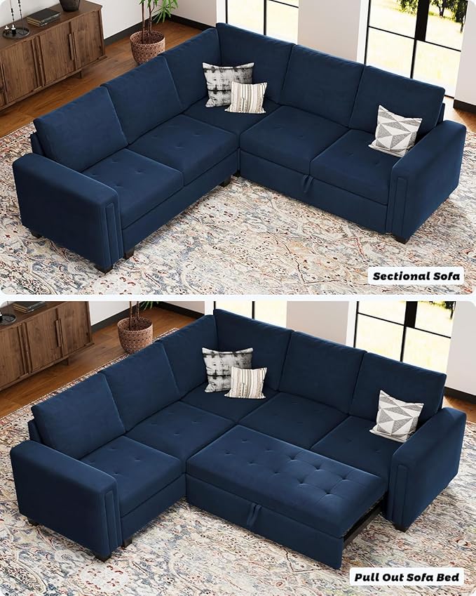 Belffin Modular Sectional Sleeper Sofa with Pull Out Couch Bed Velvet Convertible L Shaped Sectional Couch for Living Room Apartment Blue