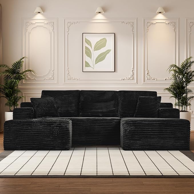 Modular Sectional Sofa Cloud Sectional Couch, 107" Comfy Fluffy U Shaped Black Couches for Living Room, Deep Seat Memory Foam Plush Corduroy Boneless Couch Sectionals with Right Facing Chaise Sofa