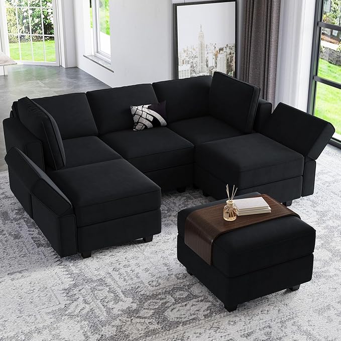 Belffin Modular Velvet Sectional Sofa with Chaise Lounge Sectional Sleeper Sofa with Storage Chaise Sofas Bed Couch for Living Room Black