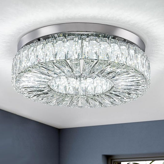 16.5" Crystal Chandelier LED Modern Flush Mount Ceiling Light Fixtures Round Ring Luxury Large Chandelier for Living Room Bedroom Dining Room Entrance (Cool white-16.5")