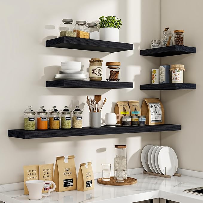 24 Inch Floating Shelves, 24"x9.25"x1.5" Inch Deep Floating Shelves for Wall, Wooden Shelves for Bathroom, Bedroom, Living Room, Black