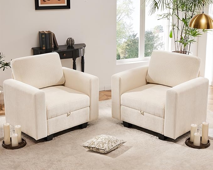 38.5 Oversized Accent Chair with Storage Ivory Corduroy Set of 2, Single Modern Accent Sofa with Arms Chair for Apartment Living Room (21" Deep Seat)