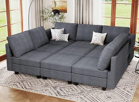 Belffin Corduroy Modular Sectional Sofa 9 Seat Convertible Sectional Sleeper Sofa Bed with Storage Ottomans Modular Sectional Couch Bed for Living Room Dark Grey