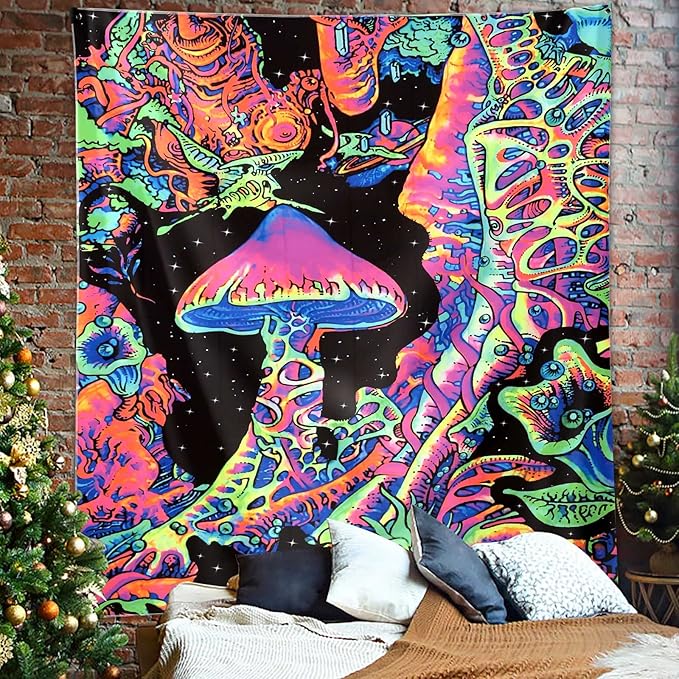 ADDWel Blacklight Mushroom Tapestry, Upright Tapestry Glow In The Dark, UV Reactive Black Light Tapestries Posters Wall Hanging for Backdrop Bedroom Dorm Living Room Decor(70"x90")