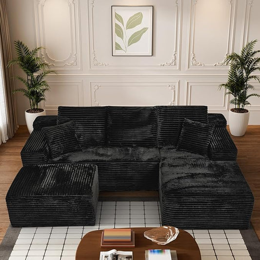 Modular Sectional Sofa Cloud Sectional Couch, 107" Comfy Fluffy U Shaped Black Couches for Living Room, Deep Seat Memory Foam Plush Corduroy Boneless Couch Sectionals with Right Facing Chaise Sofa