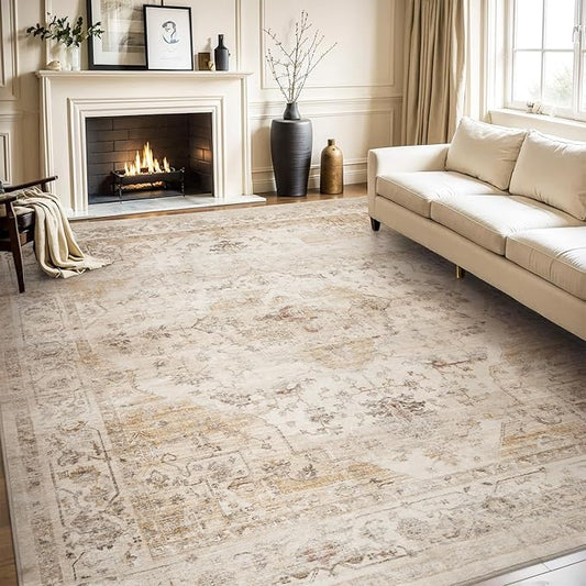 AMOAMI-Area Rug 6X9 Rugs for Living Room-Vintage Soft Beige Rugs for Bedroom-Non Slip Carpet-Machine Washable Rug for Dining Room Living Room Bedroom Office Under Table
