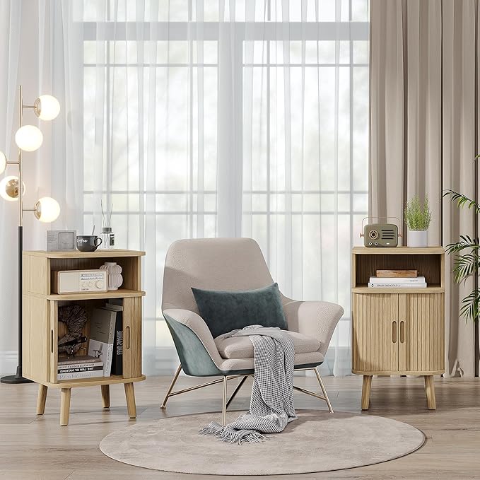 Alohappy Fluted End Table Set of 2, Mid Century Modern Nightstands with Sliding Tambour Door, Curved Round Edge Wood Bedside Table for Bedroom, Side Tables with Storage for Living Room, Natural Oak