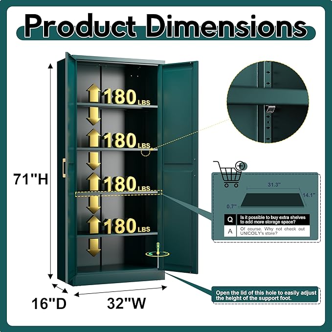71" Storage Cabinet, Metal Pantry Cabinet, Kitchen Pantry Storage Cabinets with Doors and 4 Shelves, Cabinets for Laundry Room, Living Room, Dinning Room, Assembly Required, Green